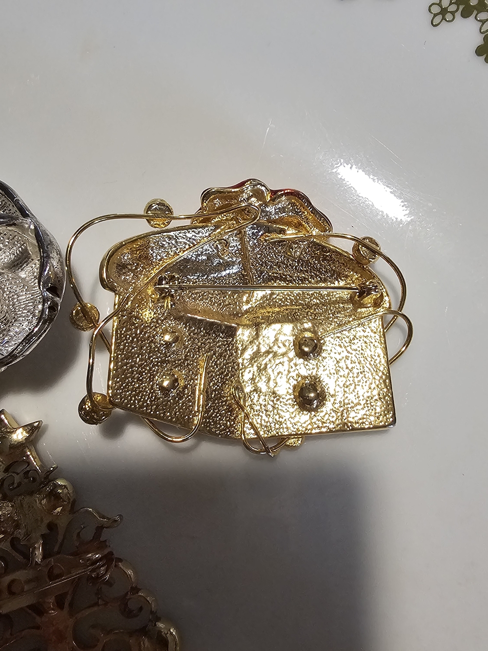 Festive Santa, Gift & Tree Brooch Trio - Silver & Gold with Red Accents - Picture 2 of 16